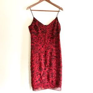 Vintage Sherrie Bloom Chetta B Red Roses 100% Silk Dress with Beading Size 12